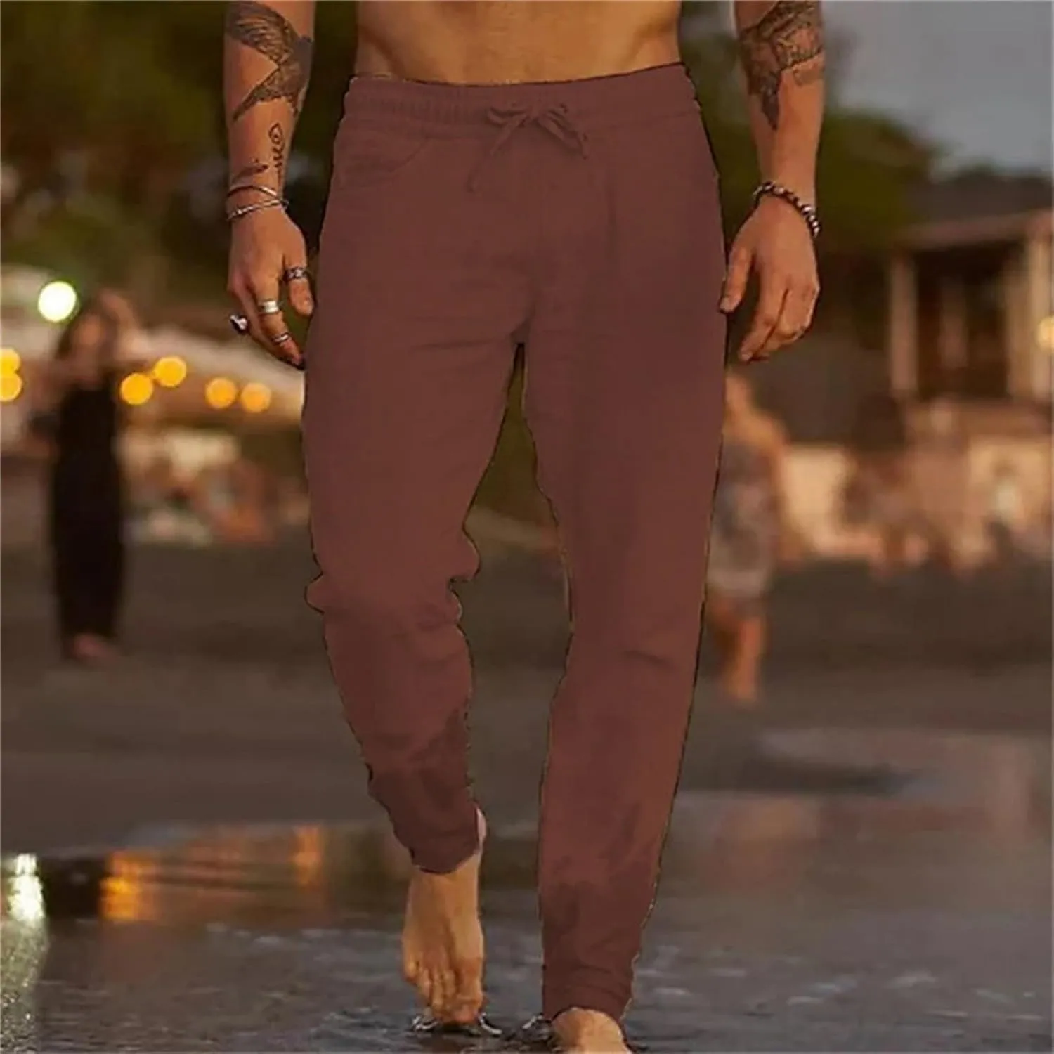 Men's Casual Linen Pants Elastic Waist Drawstring Yoga Beach Pant Breathable Trousers Sweatpants Joggers Comfy Slack