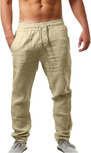 Mens Casual Pants, Elastic Waist Drawstring Summer Breathable Cotton Jogger Pants Linen Yoga Beach Trousers with Pockets