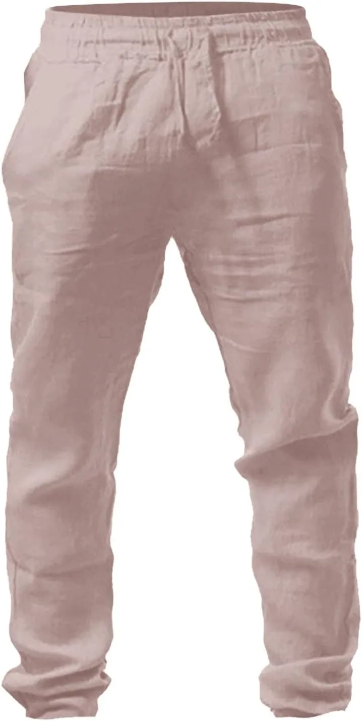 Mens Casual Pants, Elastic Waist Drawstring Summer Breathable Cotton Jogger Pants Linen Yoga Beach Trousers with Pockets