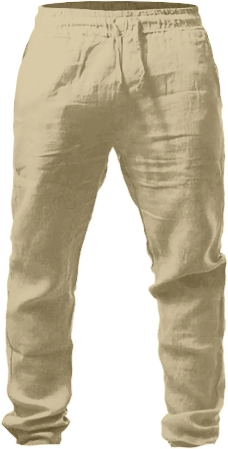 Mens Casual Pants, Elastic Waist Drawstring Summer Breathable Cotton Jogger Pants Linen Yoga Beach Trousers with Pockets