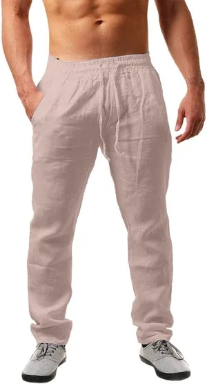 Mens Casual Pants, Elastic Waist Drawstring Summer Breathable Cotton Jogger Pants Linen Yoga Beach Trousers with Pockets