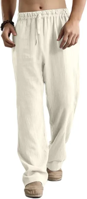 Men's Casual Sports Pants Breathable Solid Color Linen Elastic Waist Lace Up Loose Trousers with Pockets