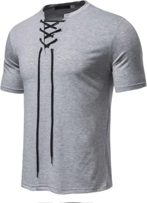 Mens Cotton Linen Henley Shirt Drawstring Short Sleeve Hippie Casual Lace Up T Shirt Renaissance Summer Beach Tops