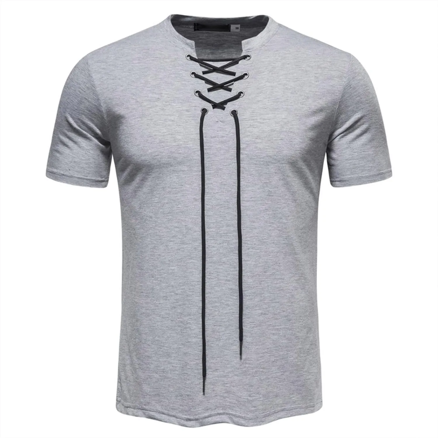 Mens Cotton Linen Henley Shirt Drawstring Short Sleeve Hippie Casual Lace Up T Shirt Renaissance Summer Beach Tops