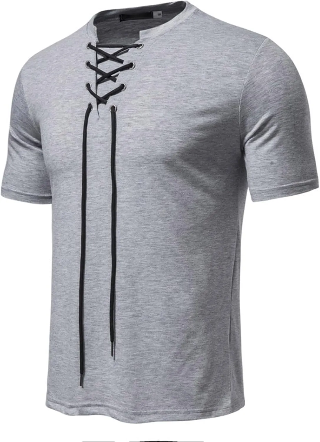 Mens Cotton Linen Henley Shirt Drawstring Short Sleeve Hippie Casual Lace Up T Shirt Renaissance Summer Beach Tops