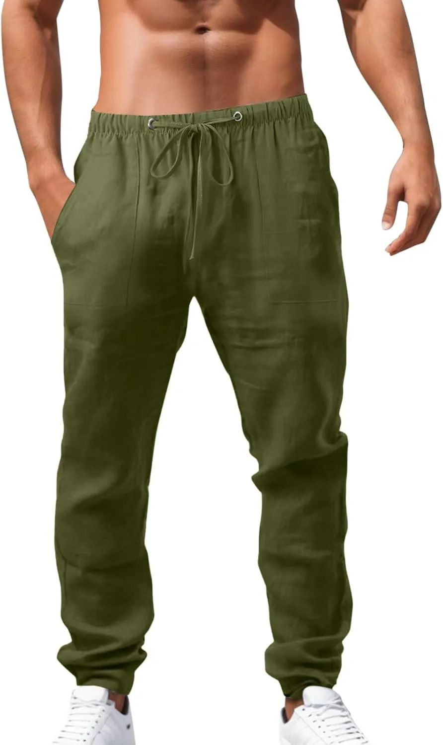 Mens Cotton Linen Pants Solid Color Summer Breathable Trouser Straight Leg Tactical Pants with Multi Pockets