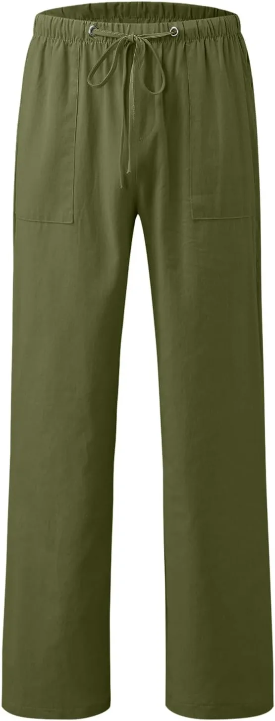 Mens Cotton Linen Pants Solid Color Summer Breathable Trouser Straight Leg Tactical Pants with Multi Pockets