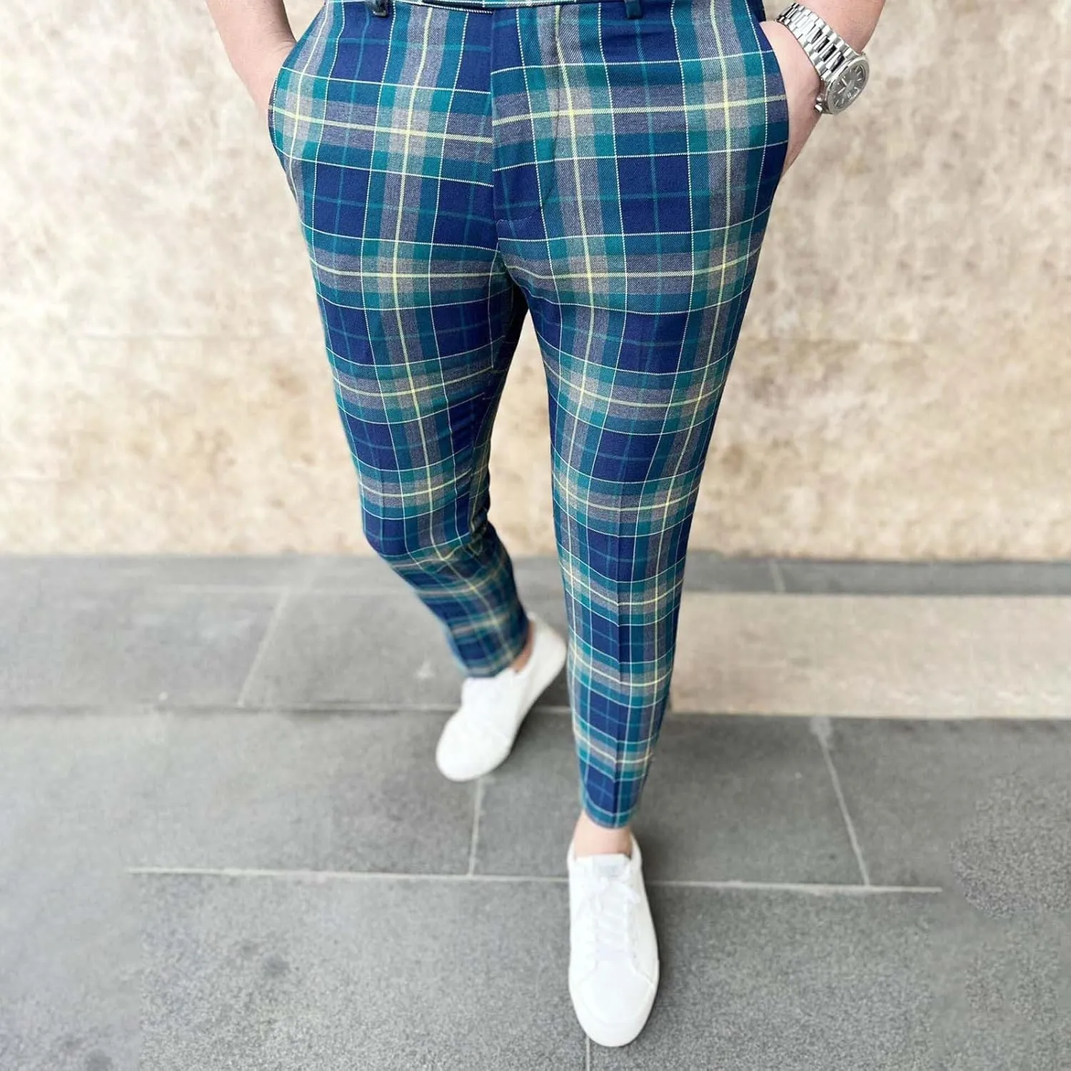 Men's Dress Pants Plaid Stretch Slim Fit Business Pencil Trousers Casual Flat Front Chino Pants with Pockets