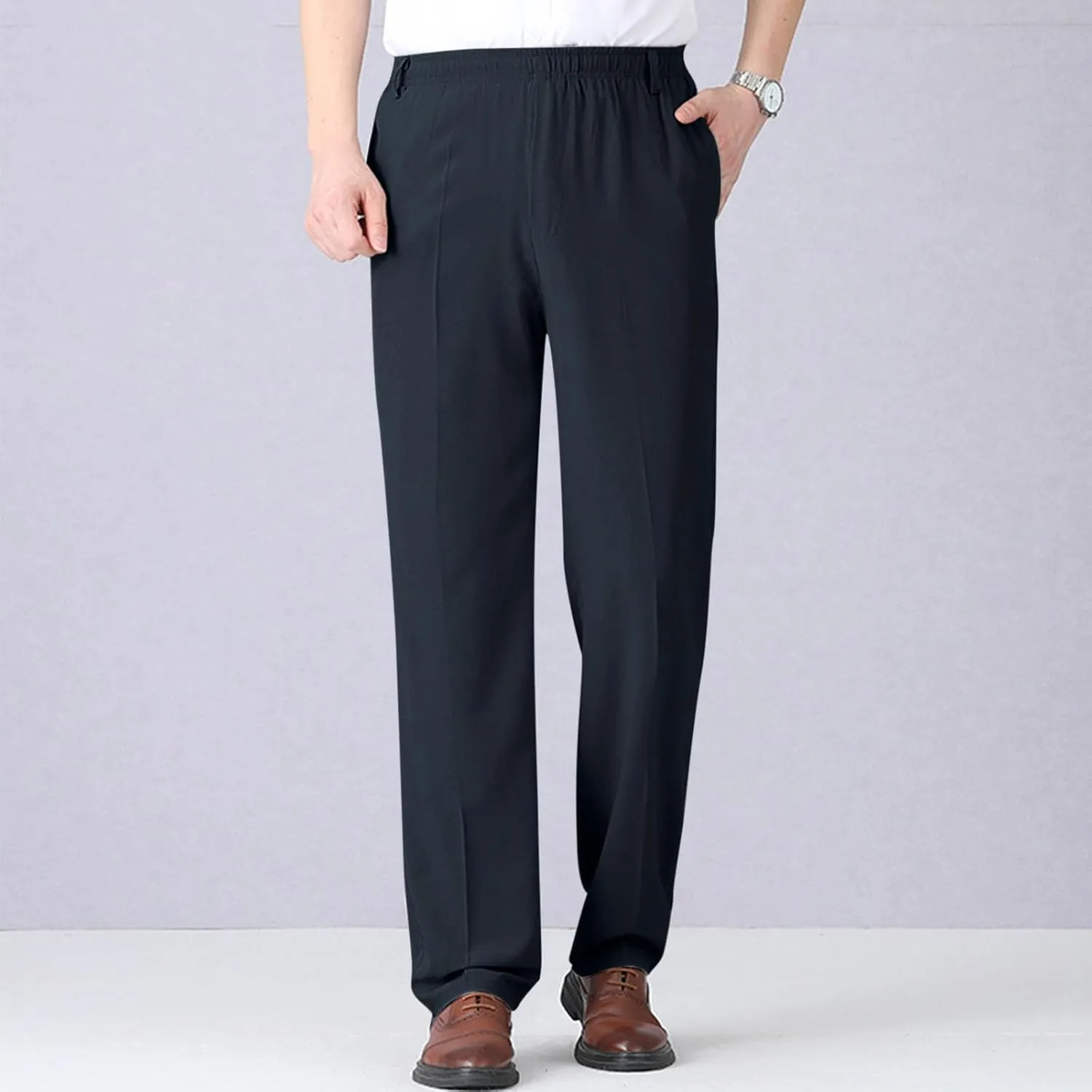 Men's Elastic Waist Pants Dressy Business Casual Slacks Trousers Bottoms Lightweight Comfy Fit