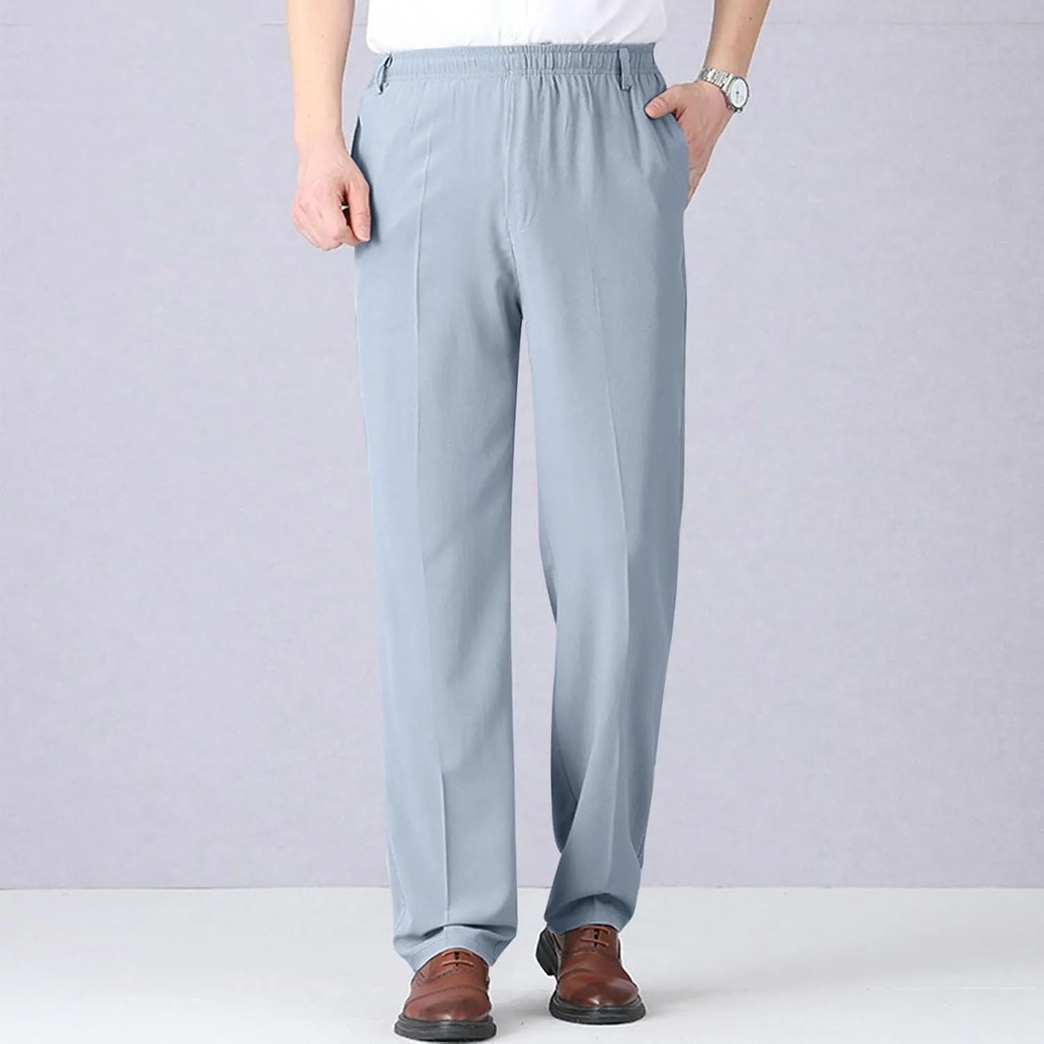 Men's Elastic Waist Pants Dressy Business Casual Slacks Trousers Bottoms Lightweight Comfy Fit