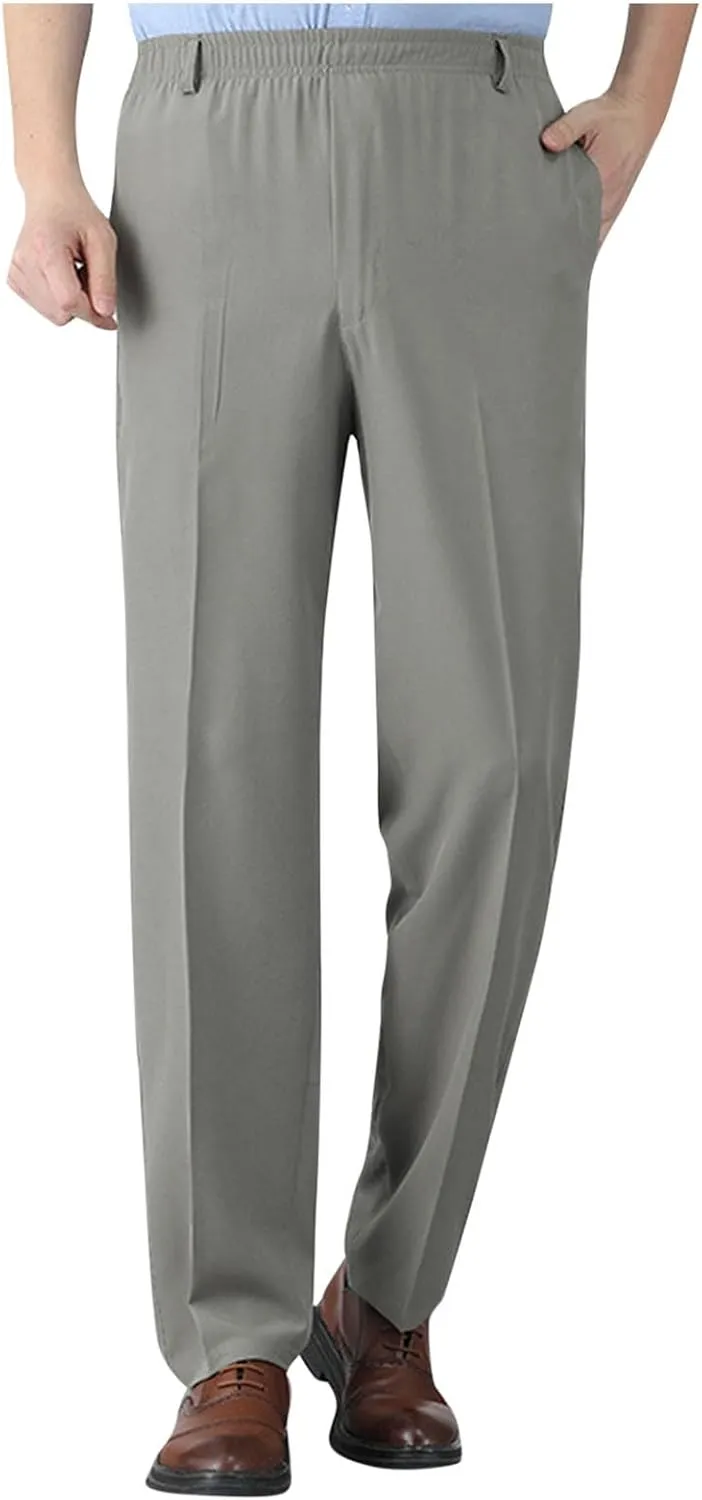 Men's Elastic Waist Pants Dressy Business Casual Slacks Trousers Bottoms Lightweight Comfy Fit