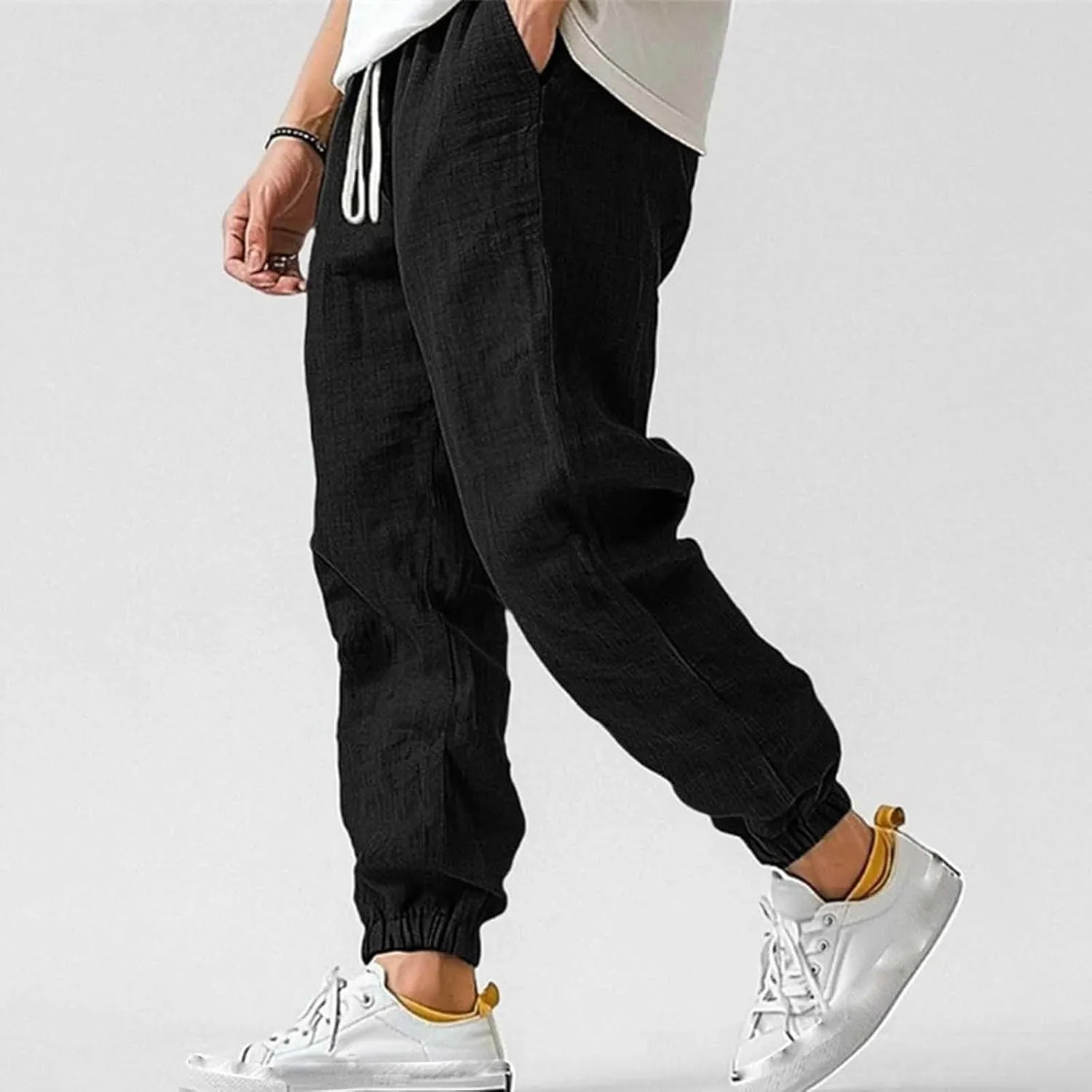 Men's Linen Pants for Summer Straight Leg Comfy Fit Baggy Cropped Solid Trouser Slacks Summer with Pockets