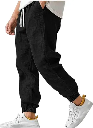 Men's Linen Pants for Summer Straight Leg Comfy Fit Baggy Cropped Solid Trouser Slacks Summer with Pockets
