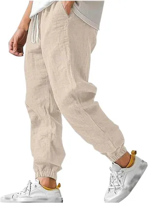 Men's Linen Pants for Summer Straight Leg Comfy Fit Baggy Cropped Solid Trouser Slacks Summer with Pockets