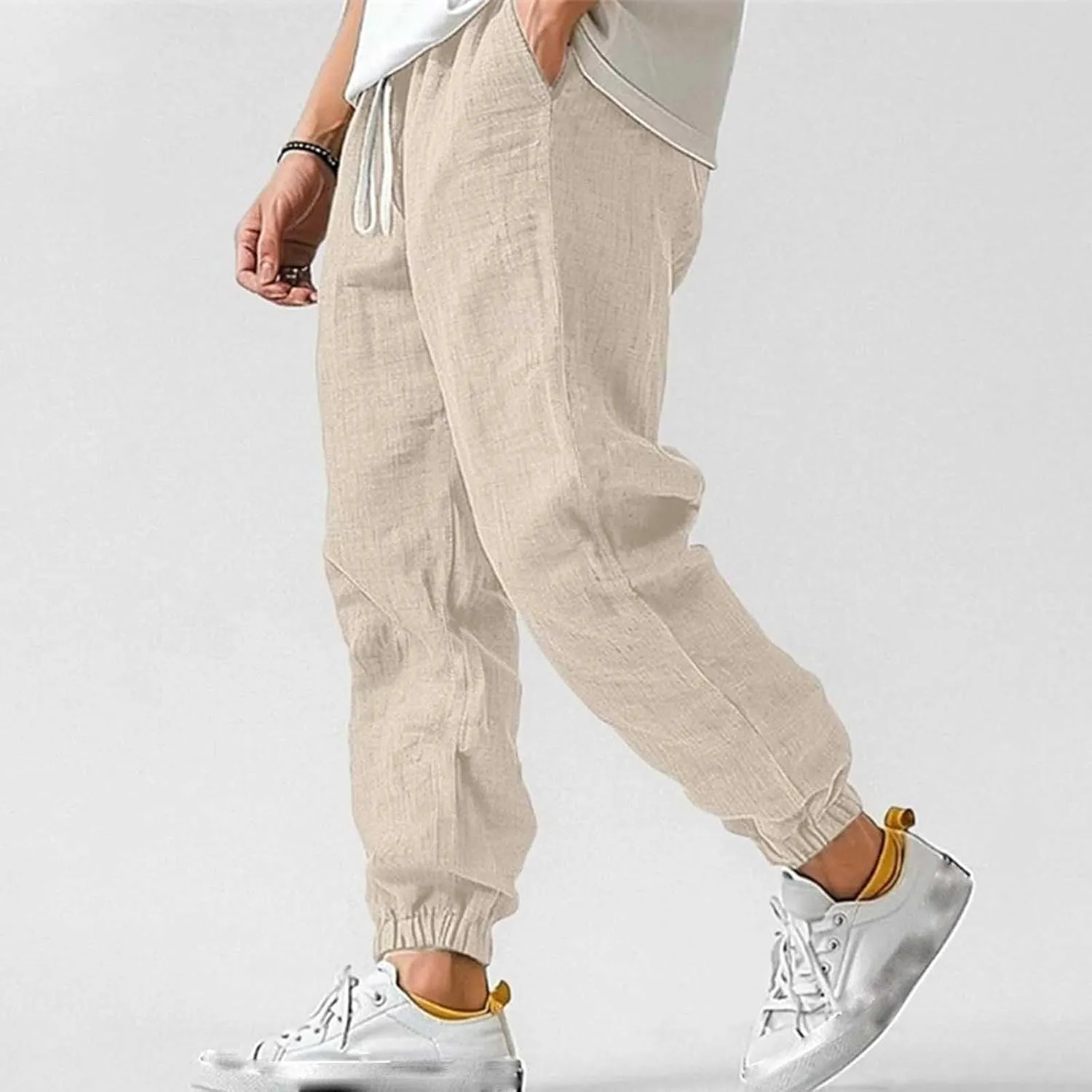 Men's Linen Pants for Summer Straight Leg Comfy Fit Baggy Cropped Solid Trouser Slacks Summer with Pockets