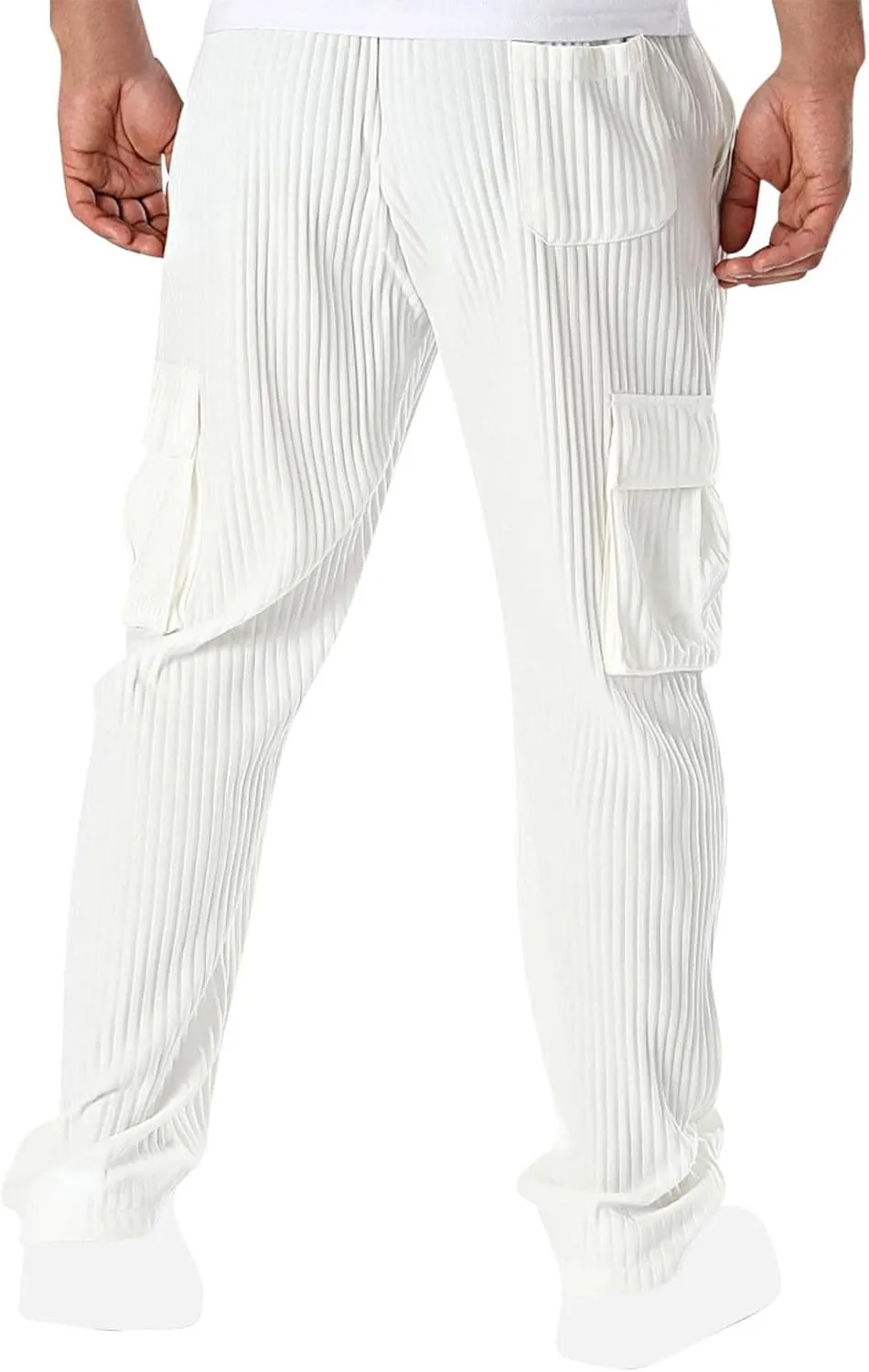 Men's Loose Straight Pants Casual Slim Elastic Waist Drawstring Work Pant Pleated Breathable Sport Cargo Trousers