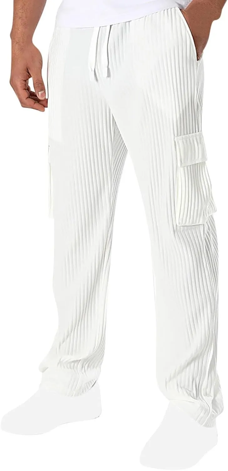Men's Loose Straight Pants Casual Slim Elastic Waist Drawstring Work Pant Pleated Breathable Sport Cargo Trousers