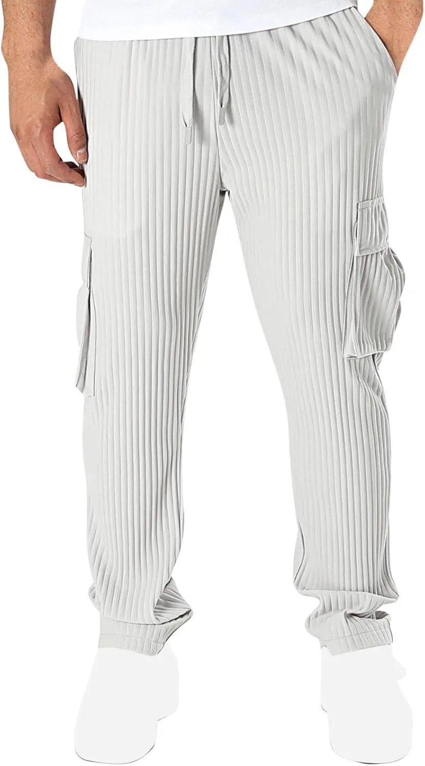 Men's Loose Straight Pants Casual Slim Elastic Waist Drawstring Work Pant Pleated Breathable Sport Cargo Trousers