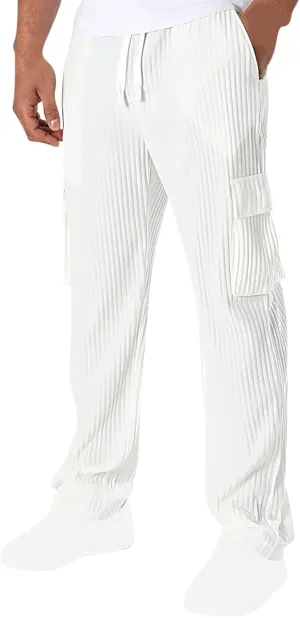 Men's Loose Straight Pants Casual Slim Elastic Waist Drawstring Work Pant Pleated Breathable Sport Cargo Trousers