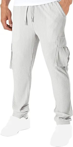Men's Loose Straight Pants Casual Slim Elastic Waist Drawstring Work Pant Pleated Breathable Sport Cargo Trousers