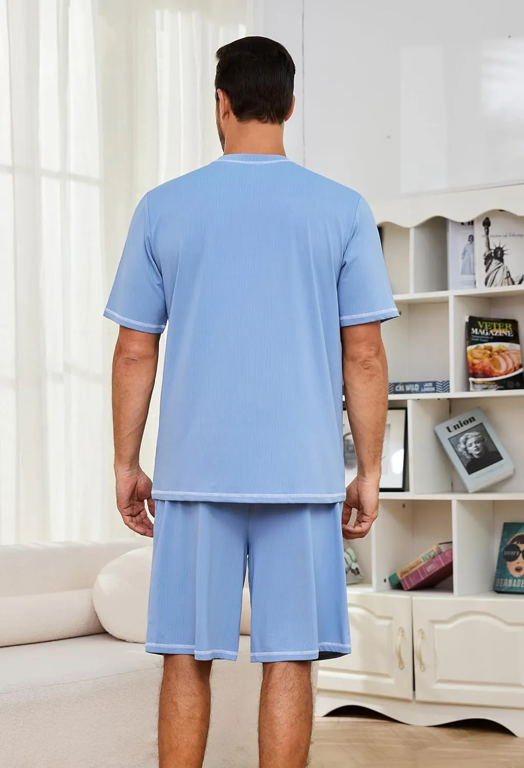 Mens Pajama Set, Soft Short Sleeve Lounge Set Pullover Pjs 2 Piece Outfits with Pocket