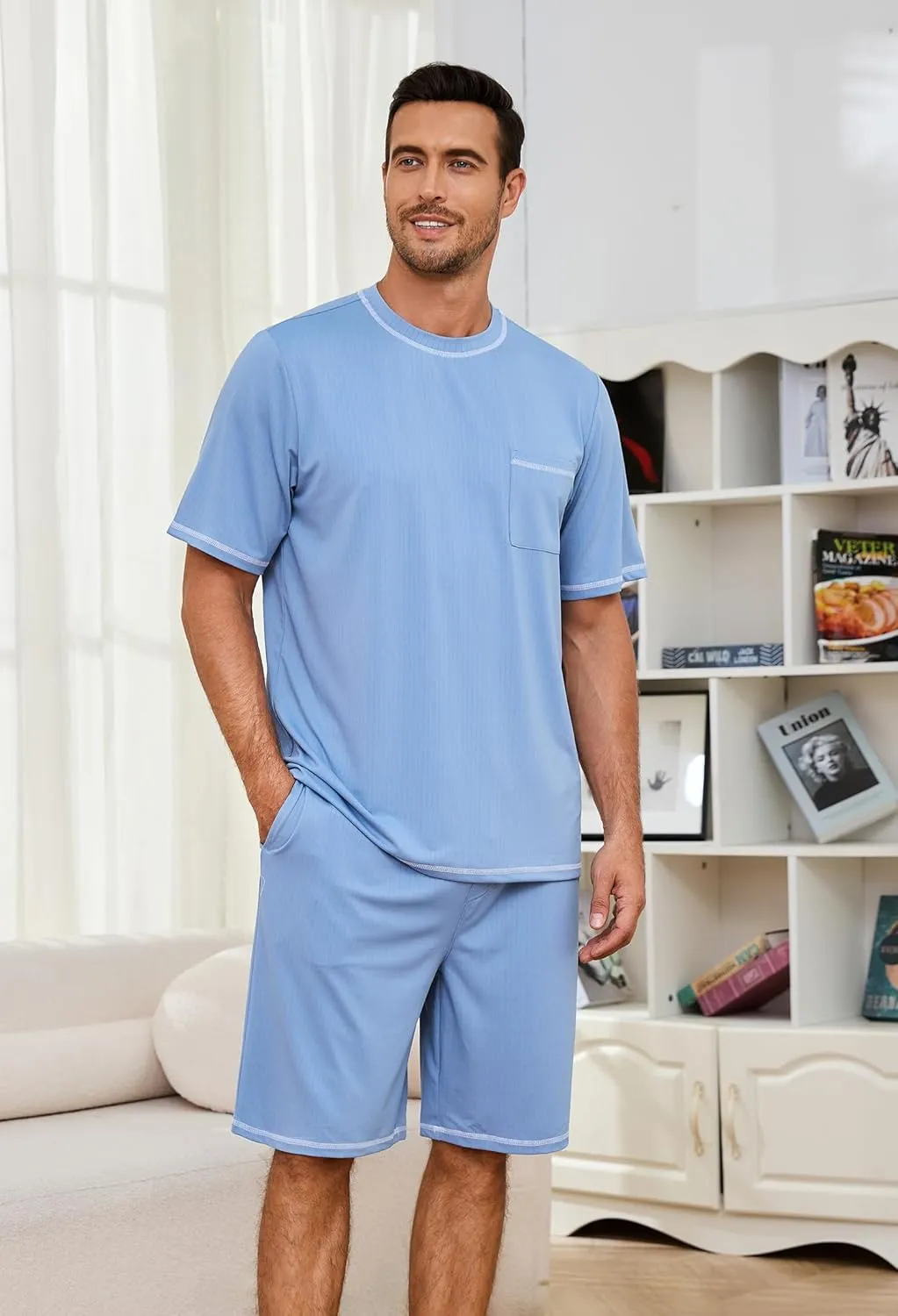 Mens Pajama Set, Soft Short Sleeve Lounge Set Pullover Pjs 2 Piece Outfits with Pocket