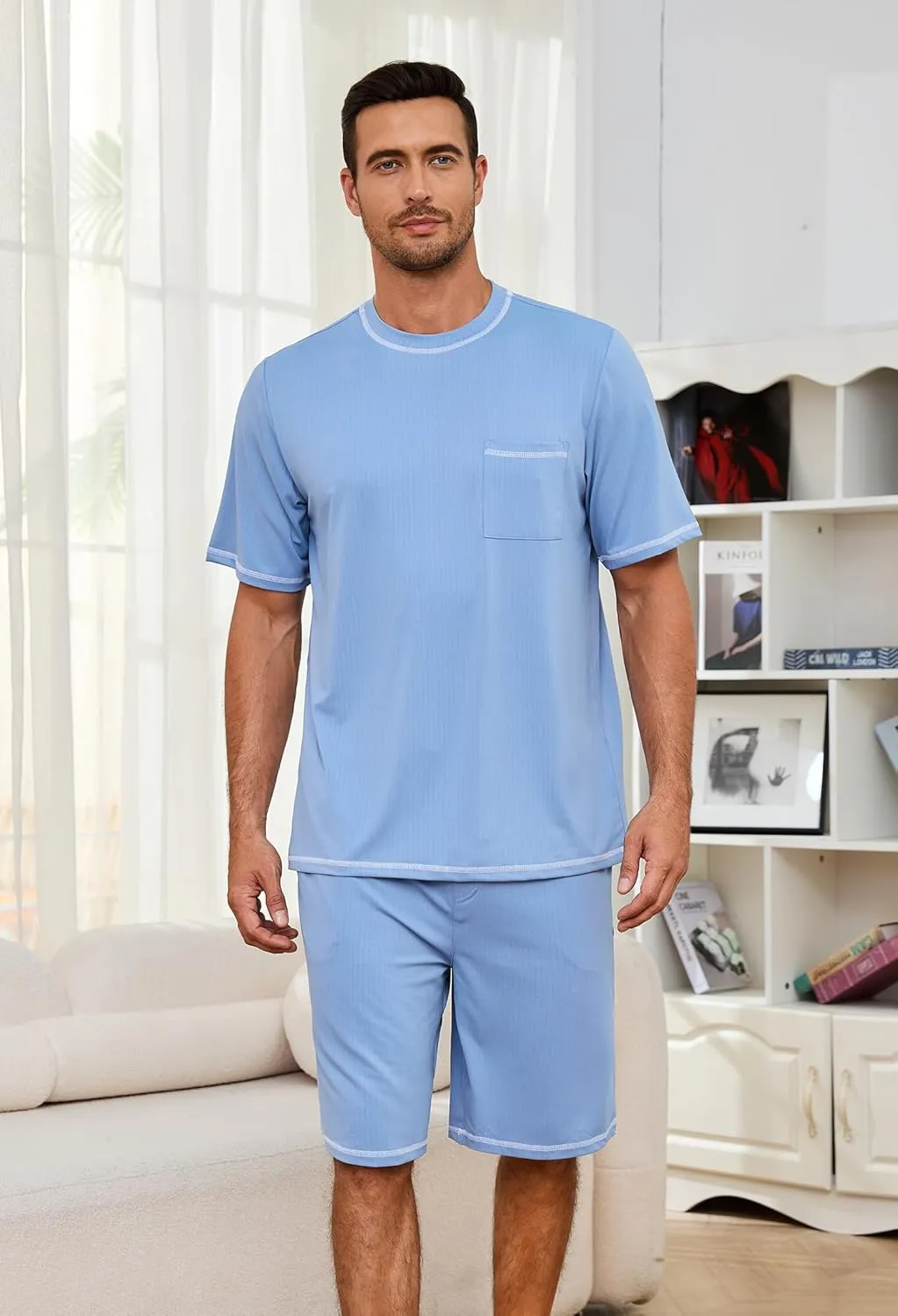 Mens Pajama Set, Soft Short Sleeve Lounge Set Pullover Pjs 2 Piece Outfits with Pocket