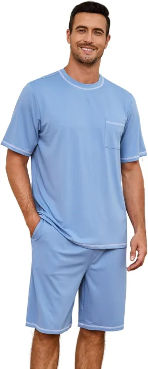 Mens Pajama Set, Soft Short Sleeve Lounge Set Pullover Pjs 2 Piece Outfits with Pocket