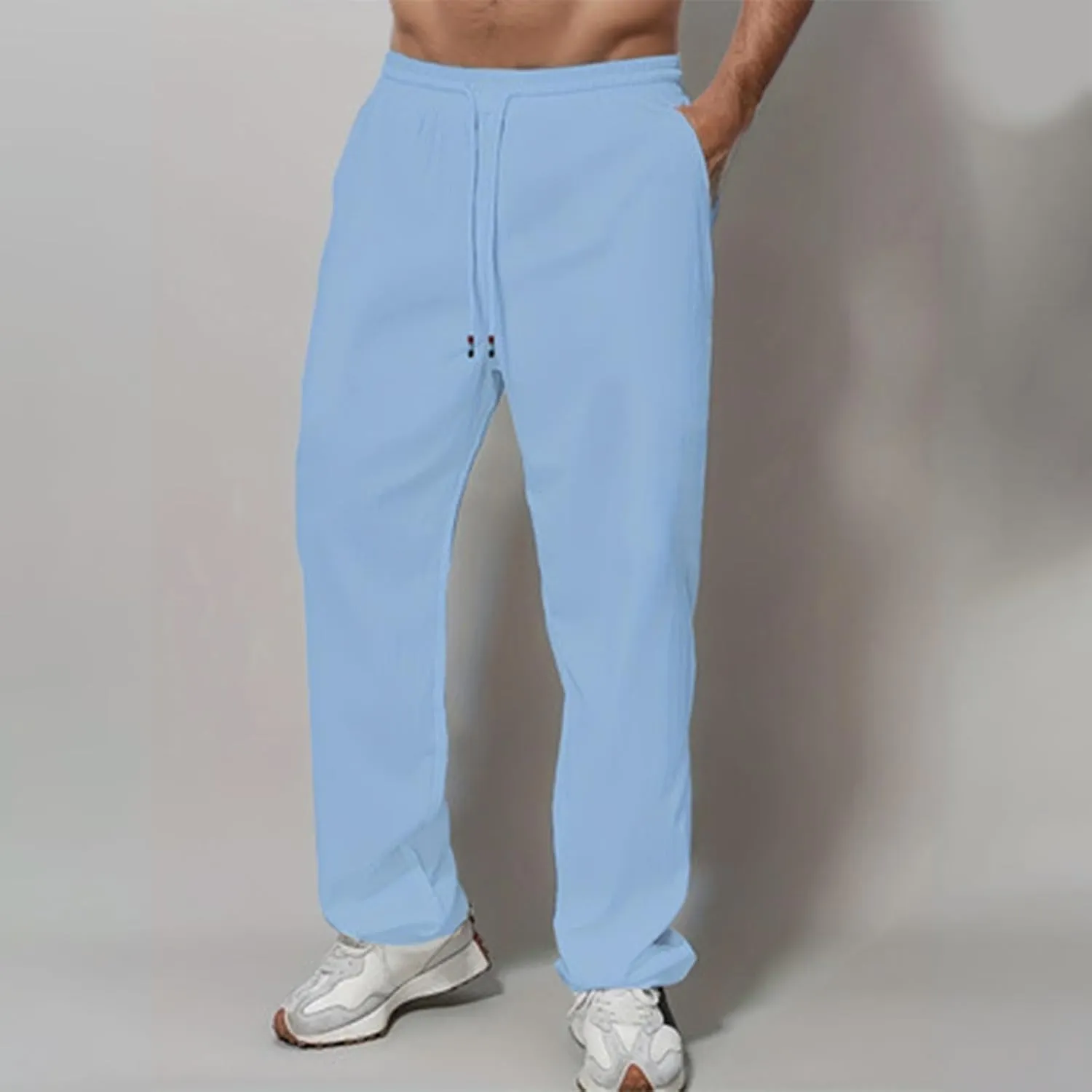 Men's Pants Casual Solid Color Drawstring Elastic Waist Breathable Sweatpants Outdor Full Length Jogger Pants