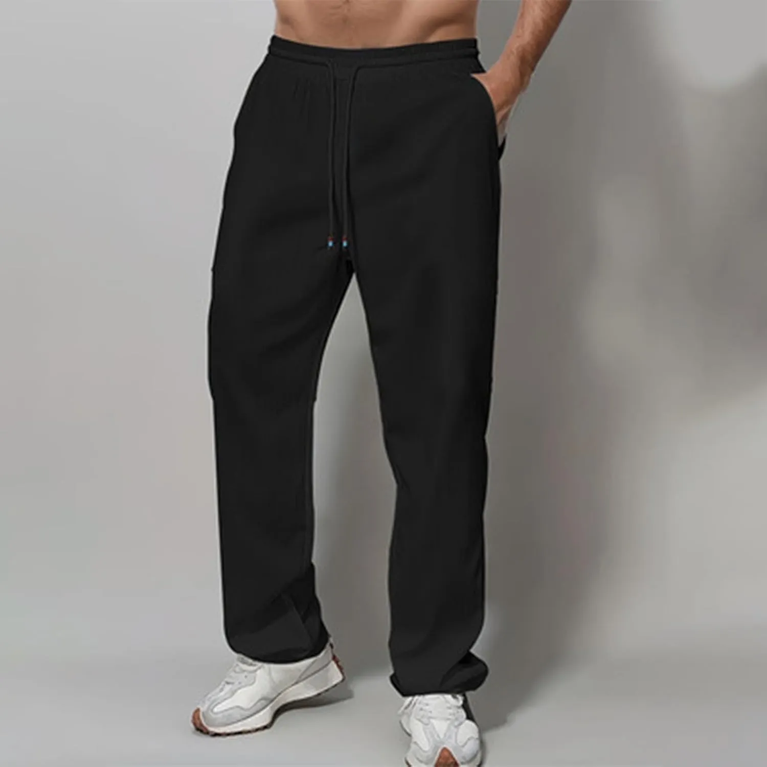Men's Pants Casual Solid Color Drawstring Elastic Waist Breathable Sweatpants Outdor Full Length Jogger Pants
