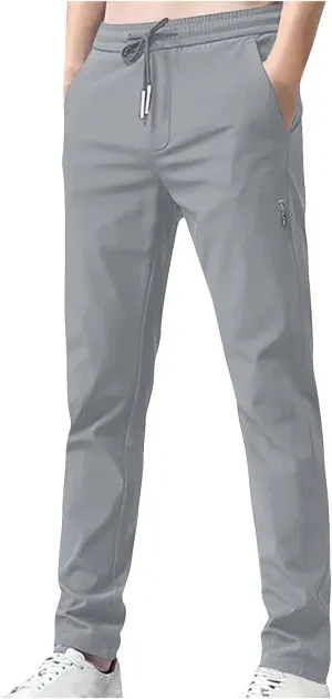 Men's Summer Ice Silk Pants Elastic Waist Solid Color Slim Fit Trousers Drawstrings Breathable Casual Pencil Pants