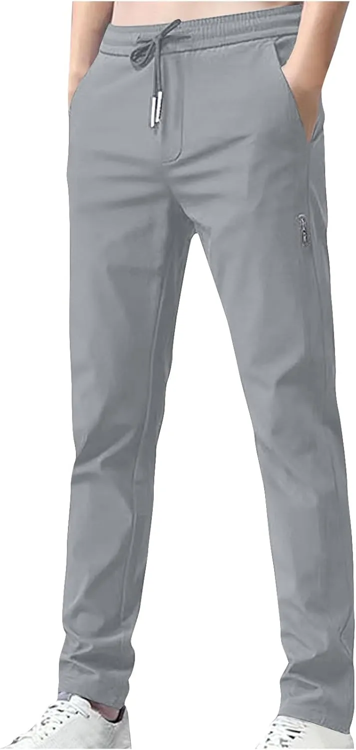 Men's Summer Ice Silk Pants Elastic Waist Solid Color Slim Fit Trousers Drawstrings Breathable Casual Pencil Pants