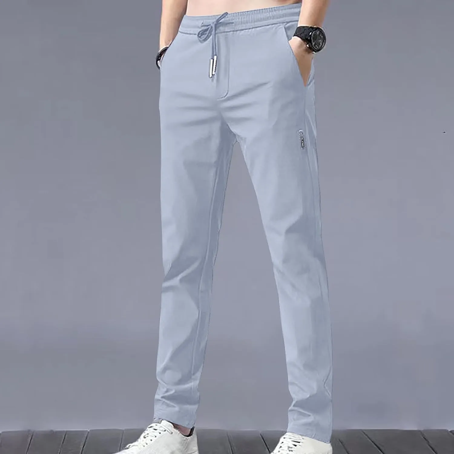 Men's Summer Ice Silk Pants Elastic Waist Solid Color Slim Fit Trousers Drawstrings Breathable Casual Pencil Pants