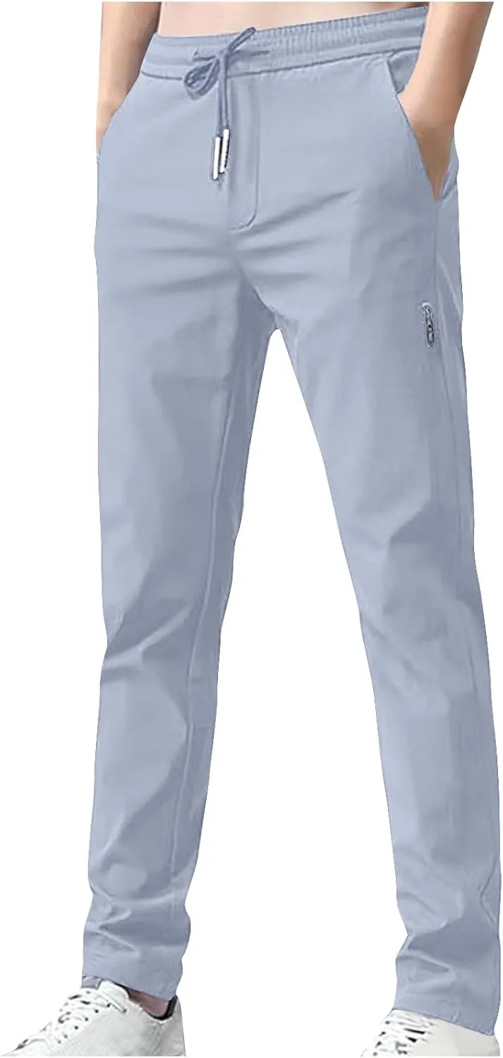 Men's Summer Ice Silk Pants Elastic Waist Solid Color Slim Fit Trousers Drawstrings Breathable Casual Pencil Pants