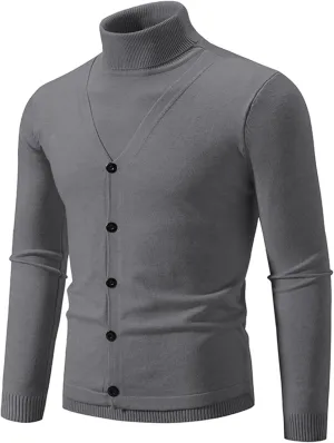 Mens V Neck Casual Cardigan Sweaters Soft Knit Long Sleeve Pullovers with Comfortable Solid Color Turtlenecks