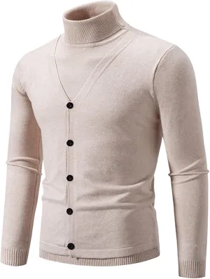 Mens V Neck Casual Cardigan Sweaters Soft Knit Long Sleeve Pullovers with Comfortable Solid Color Turtlenecks
