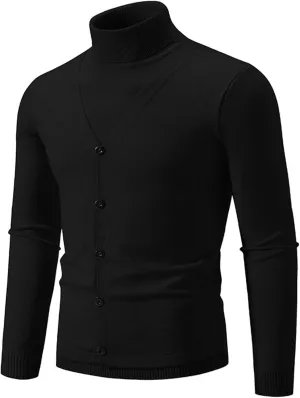 Mens V Neck Casual Cardigan Sweaters Soft Knit Long Sleeve Pullovers with Comfortable Solid Color Turtlenecks