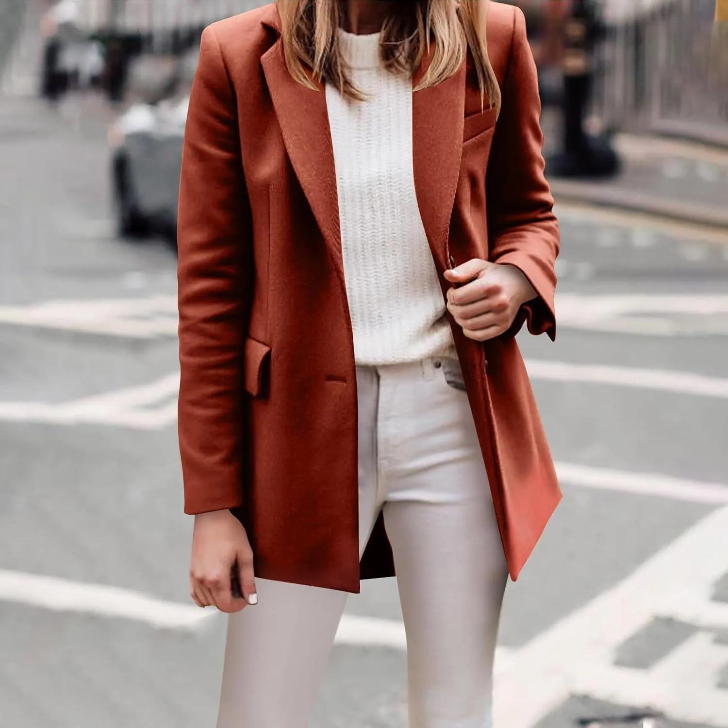 Mid Long Pea Coats for Women Winter Notch Lapel Single Breasted Coats Wool Blend Peacoat Thicken Soft Blazer Jacket