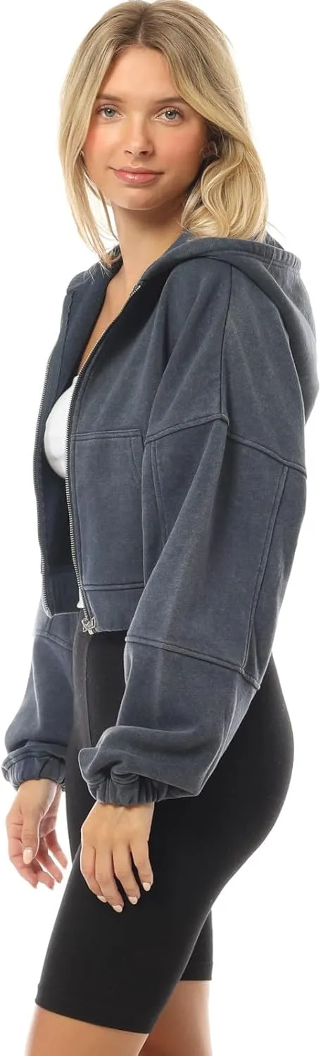 MixMatchy Women's Casual Vintage Acid Wash Zip Up Cropped Hoodies Sweatshirts Fleece Jacket