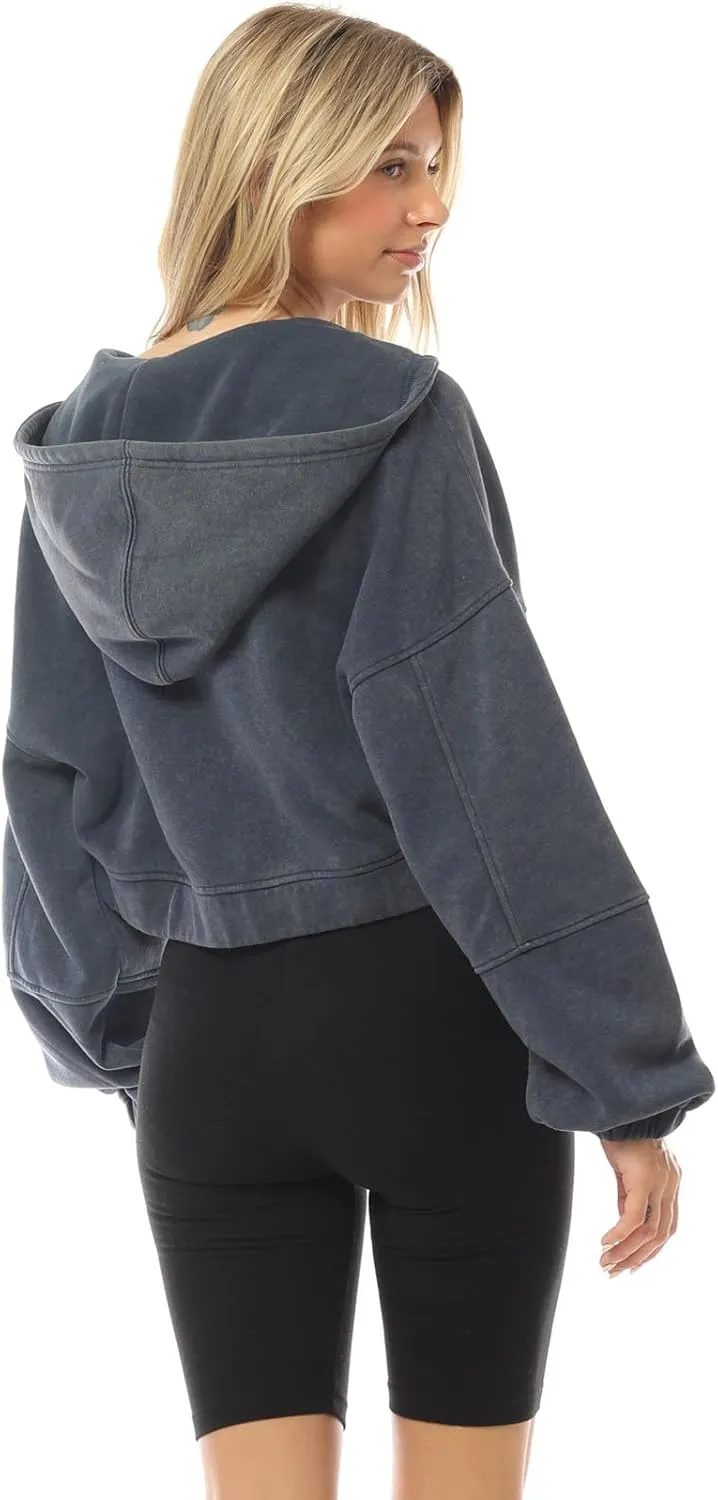 MixMatchy Women's Casual Vintage Acid Wash Zip Up Cropped Hoodies Sweatshirts Fleece Jacket