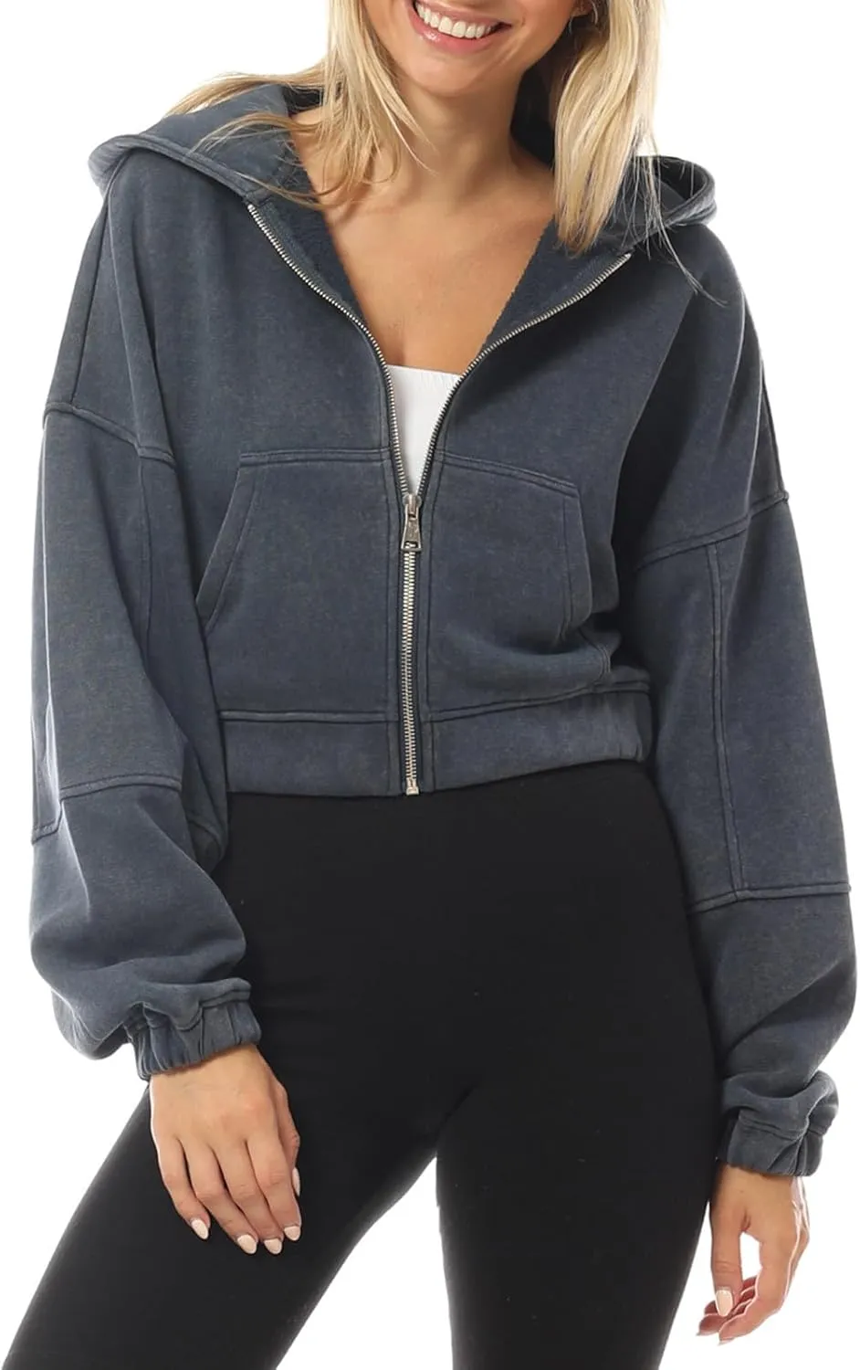 MixMatchy Women's Casual Vintage Acid Wash Zip Up Cropped Hoodies Sweatshirts Fleece Jacket