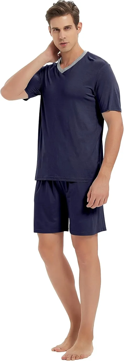MoFiz Mens Pajama Set Summer Pjs Sleepwear Nightwear Lightweight Quick Dry Soft Short Sleeve V-Neck Pjs Sleep Set With Pocket