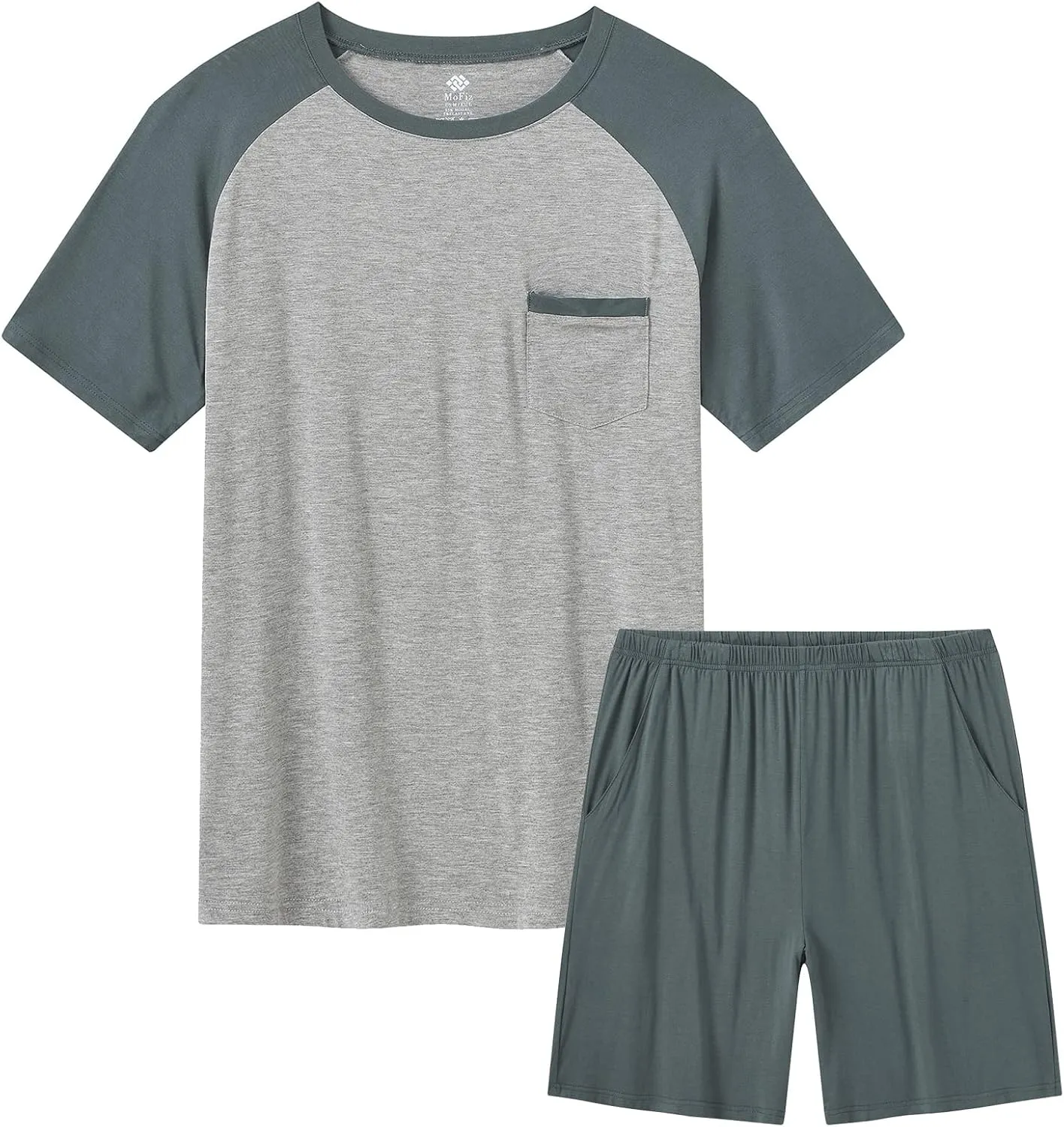 MoFiz Mens Pajama Set Summer Pjs Sleepwear Nightwear Lightweight Quick Dry Soft Short Sleeve V-Neck Pjs Sleep Set With Pocket