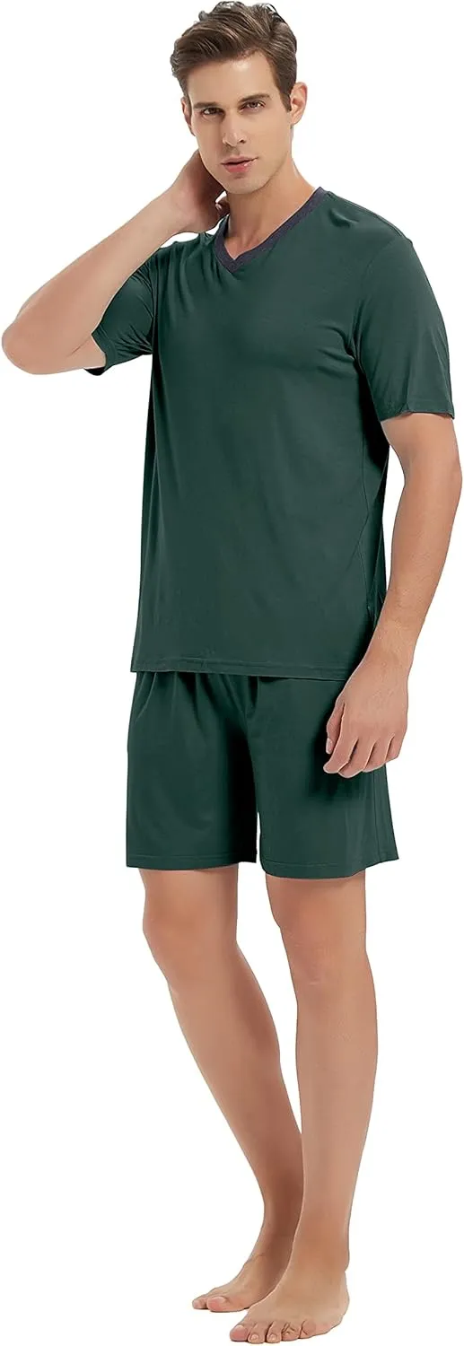 MoFiz Mens Pajama Set Summer Pjs Sleepwear Nightwear Lightweight Quick Dry Soft Short Sleeve V-Neck Pjs Sleep Set With Pocket