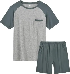 MoFiz Mens Pajama Set Summer Pjs Sleepwear Nightwear Lightweight Quick Dry Soft Short Sleeve V-Neck Pjs Sleep Set With Pocket