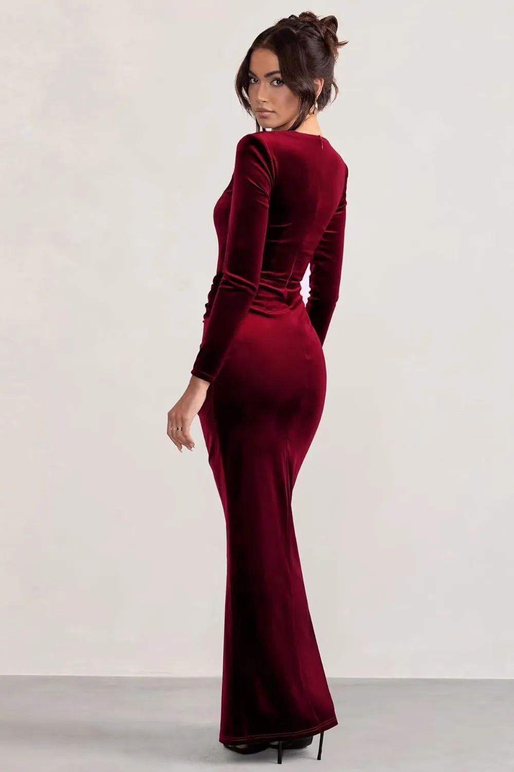 Monvelli Long Sleeve Velvet Bridesmaid Dresses for Women 2025 Mermaid Ruched Sweetheart Prom Formal Evening Gown with Slit