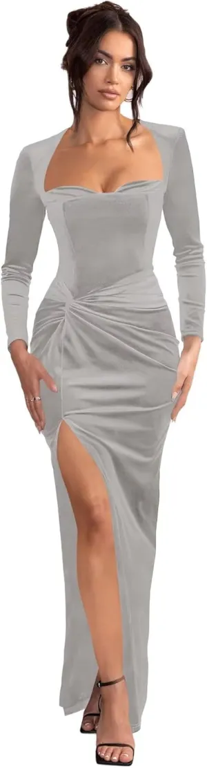 Monvelli Long Sleeve Velvet Bridesmaid Dresses for Women 2025 Mermaid Ruched Sweetheart Prom Formal Evening Gown with Slit