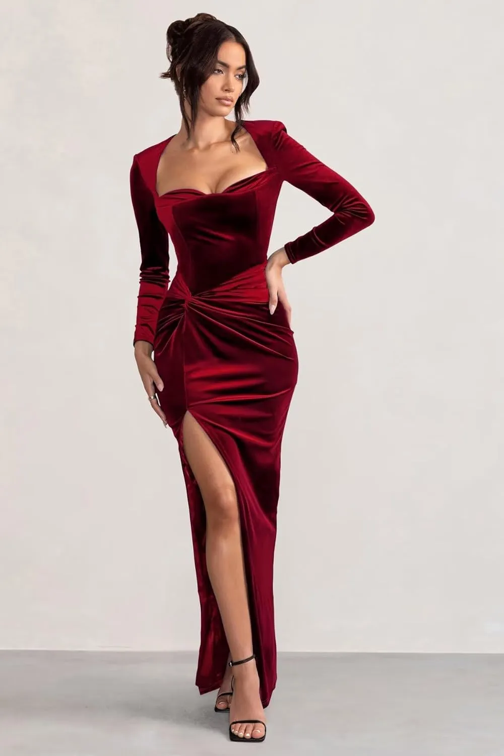 Monvelli Long Sleeve Velvet Bridesmaid Dresses for Women 2025 Mermaid Ruched Sweetheart Prom Formal Evening Gown with Slit