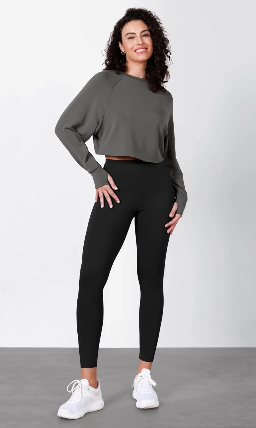 ODODOS Modal Soft Long Sleeve Cropped Sweatshirts with Thumb Hole for Women Crew Neck Pullover Crop Top
