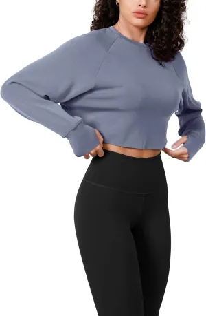 ODODOS Modal Soft Long Sleeve Cropped Sweatshirts with Thumb Hole for Women Crew Neck Pullover Crop Top